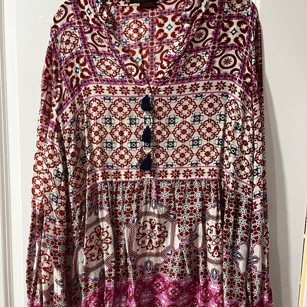 Red and Pink Bohemian Long Sleeve Tunic